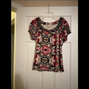 Madison petite L ruffle neck short sleeve shirt